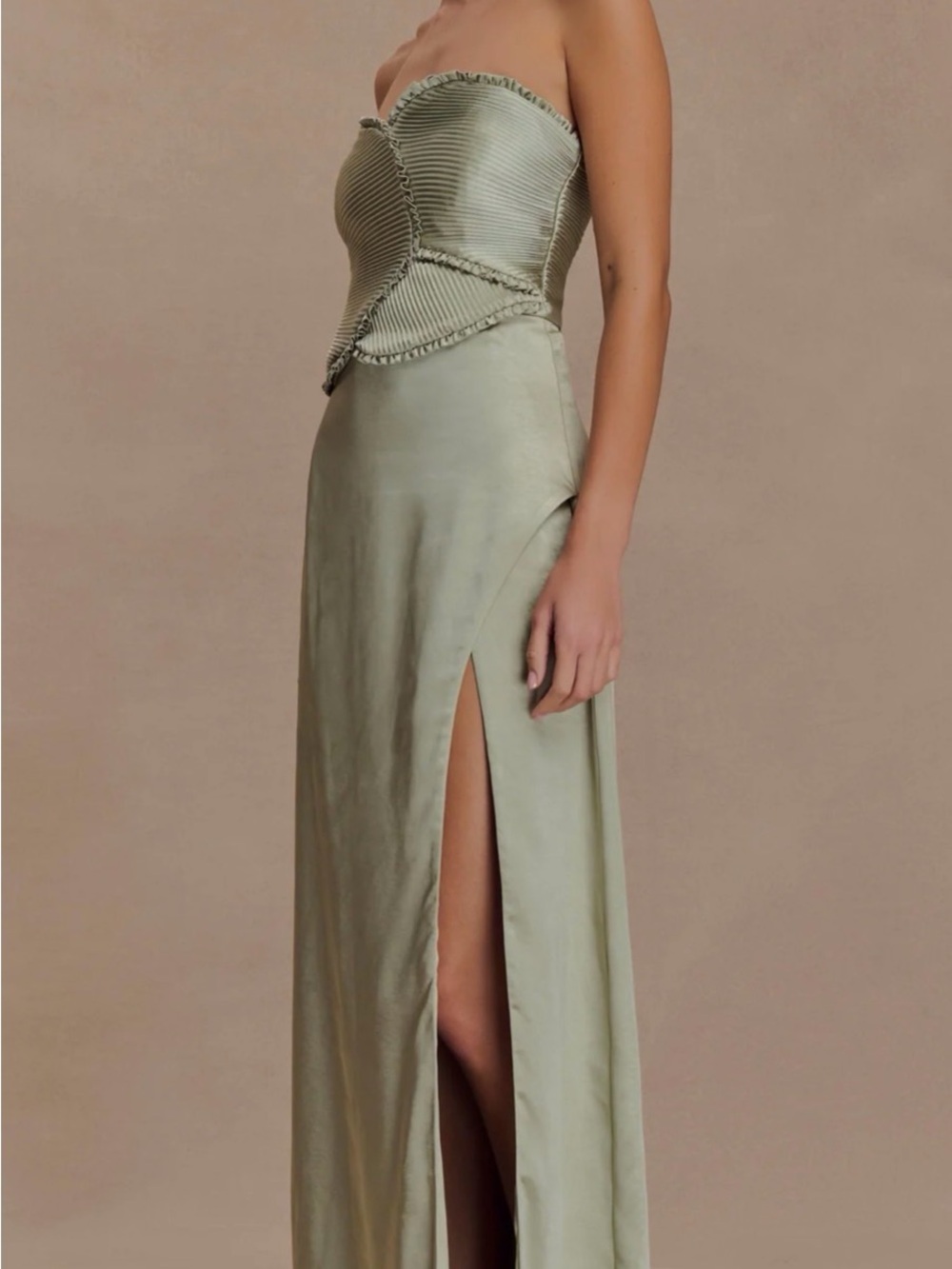Meshki Strapless Sage Green Satin Evening Dress with High Slit